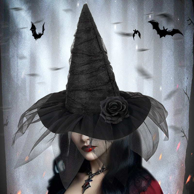 Halloween Mesh flower Witch Hat Halloween Party Witch Hat
