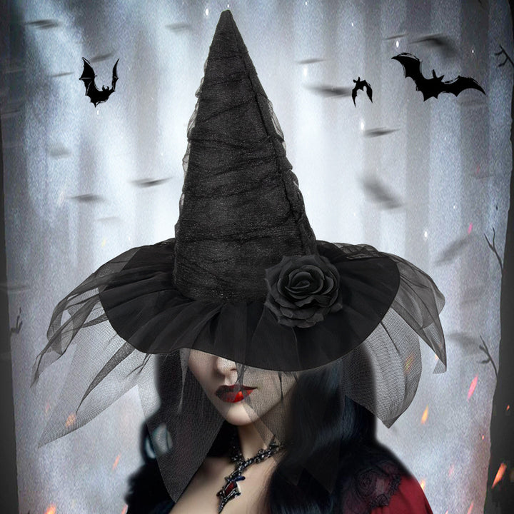 Halloween Mesh flower Witch Hat Halloween Party Witch Hat