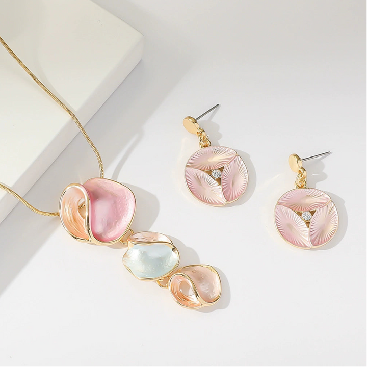 Irregular alloy petal shape colorful Oil drip painted necklace&earring set