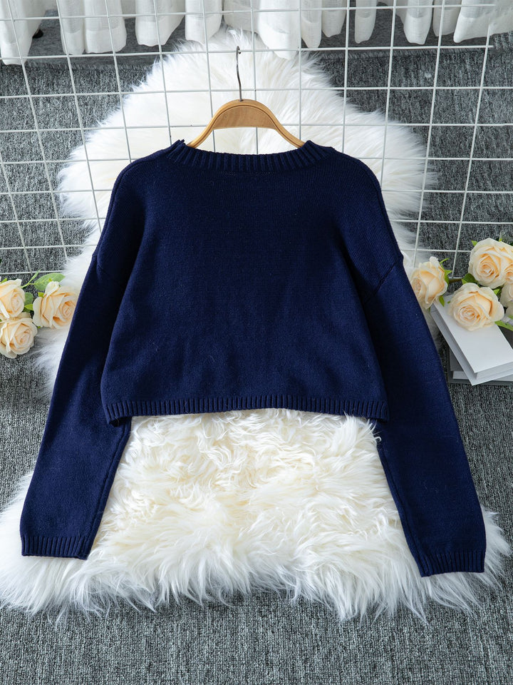 Bow jacquard pullover navy crop sweater