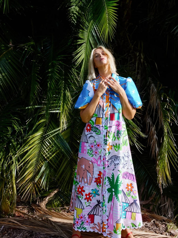 Unique Printed Wave Lace Puff Sleeves Loose Pocket Maxi Dress