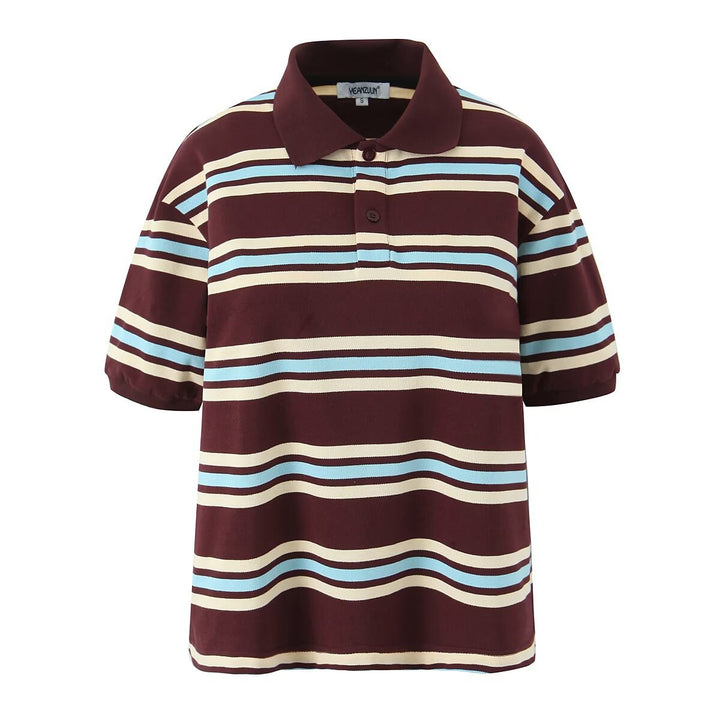 Striped short-sleeved shirt&low-waist pleated skirt