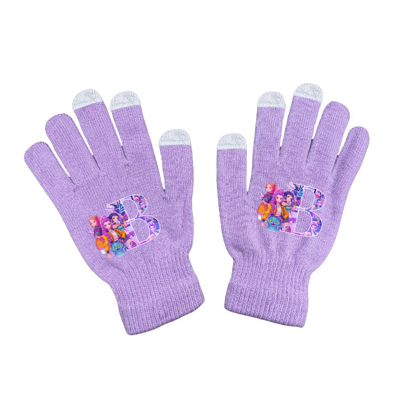 KPOP demon hunters Initials knitted purple gloves