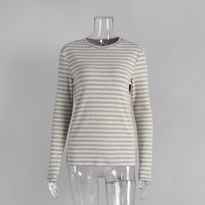 Striped slim round neck cotton bottoming shirt for women