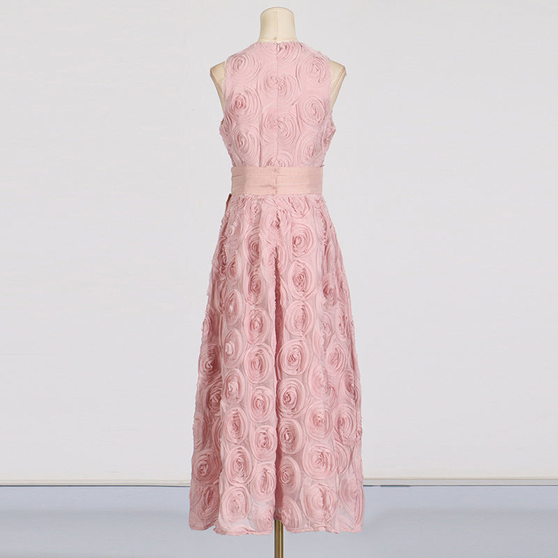 Retro round neck sleeveless 3D flower dress