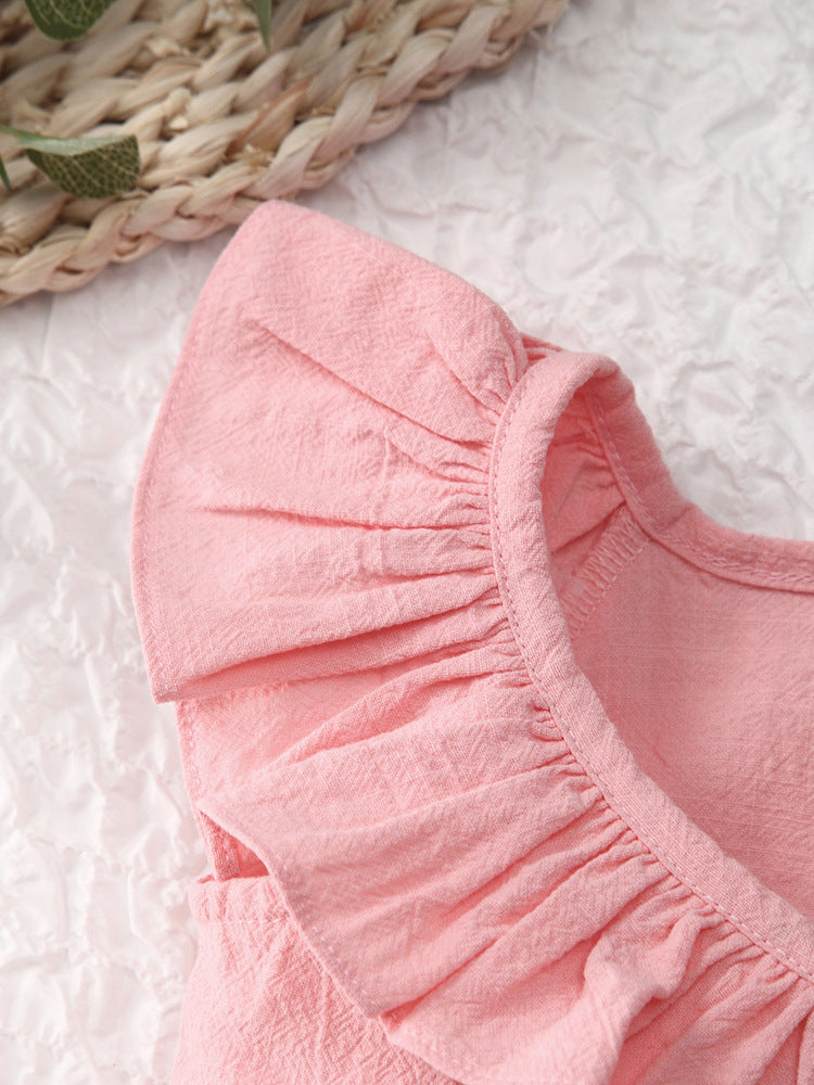 Girls summer cotton and linen button ruffle dress