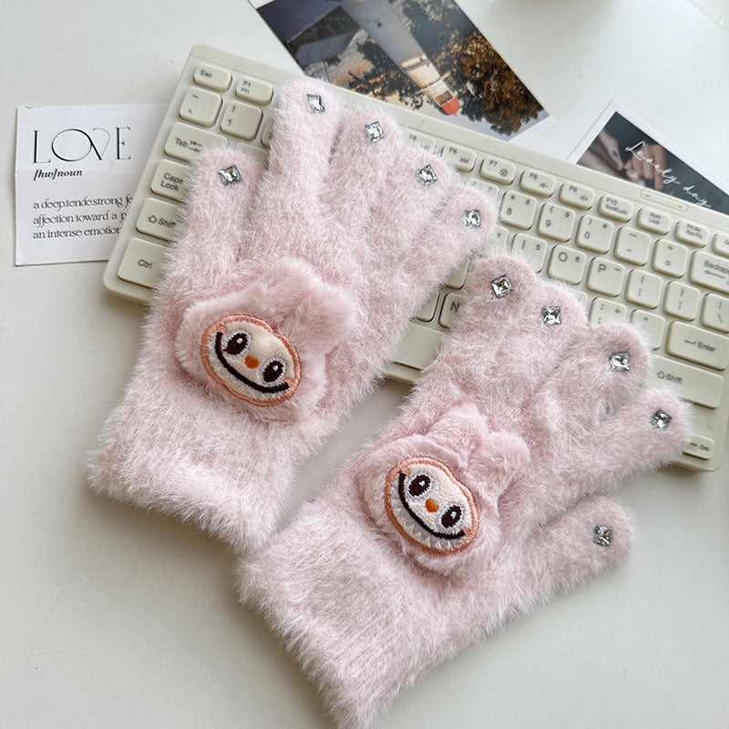 Labubu Five-finger warm knitted diamond furry gloves