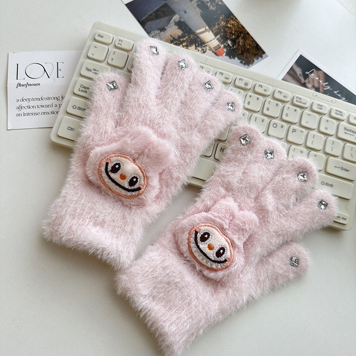 Labubu Five-finger warm knitted diamond furry gloves
