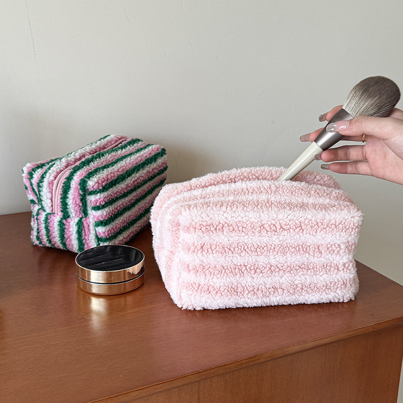 Contrast stripes large capacity furry cosmetic bag