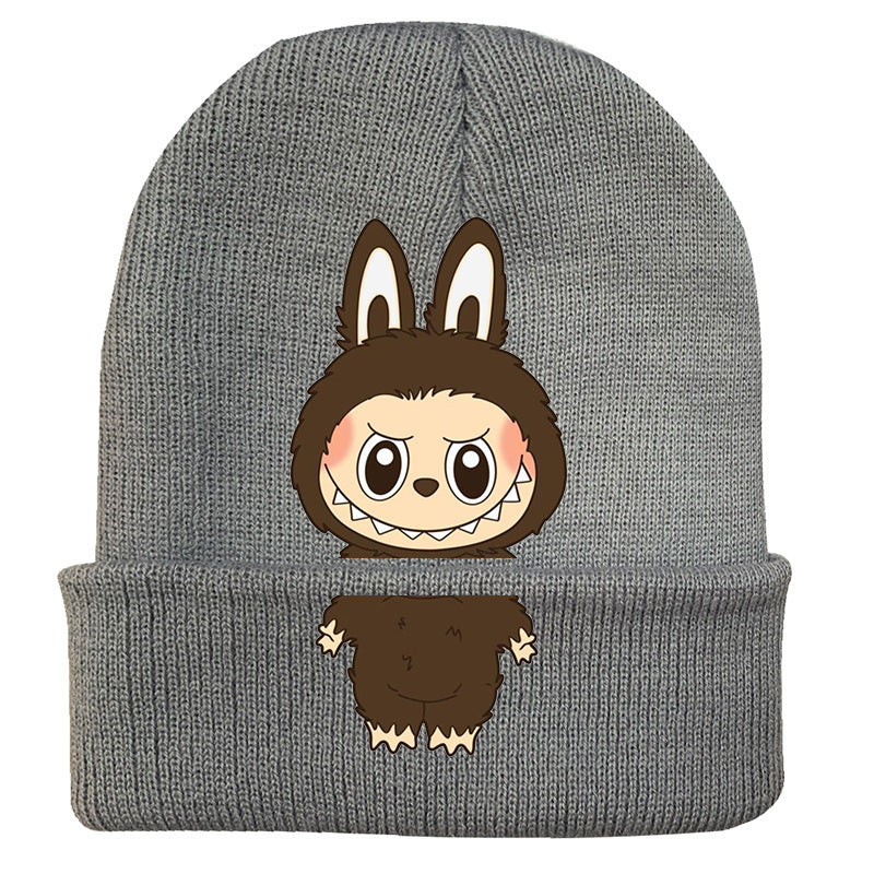 Cute monster printed knitted beanie hat-gray