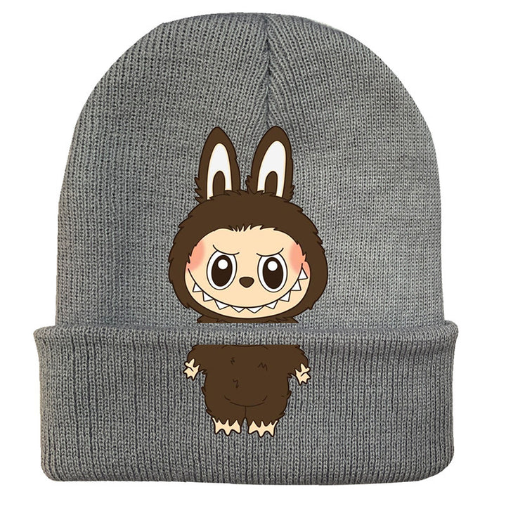 Cute monster printed knitted beanie hat-gray