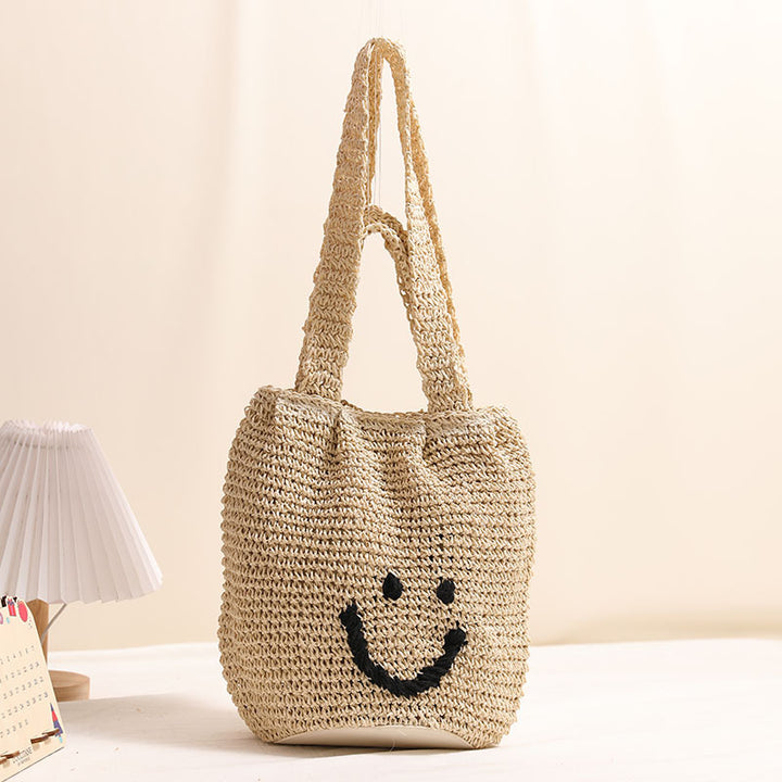 Smiley face one-shoulder cotton woven bag holiday beach bag