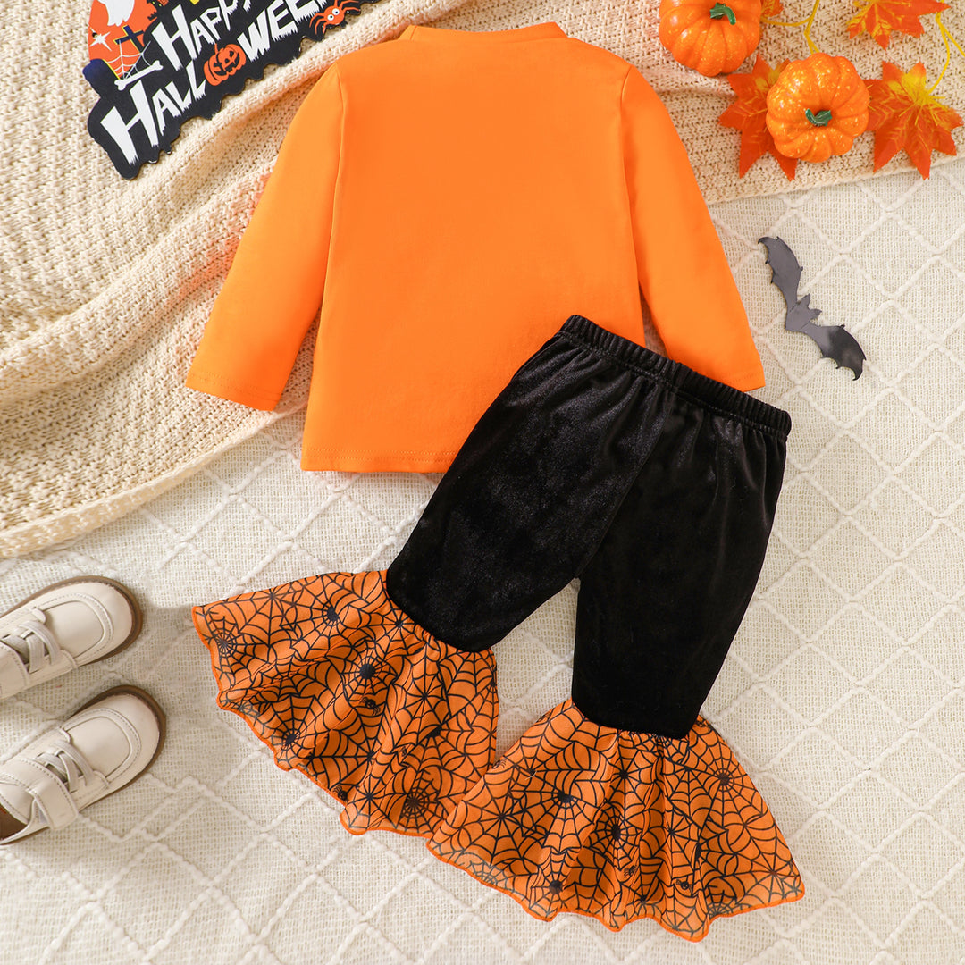 Halloween Cute Pumpkin Embroidered Flared Pants Suit