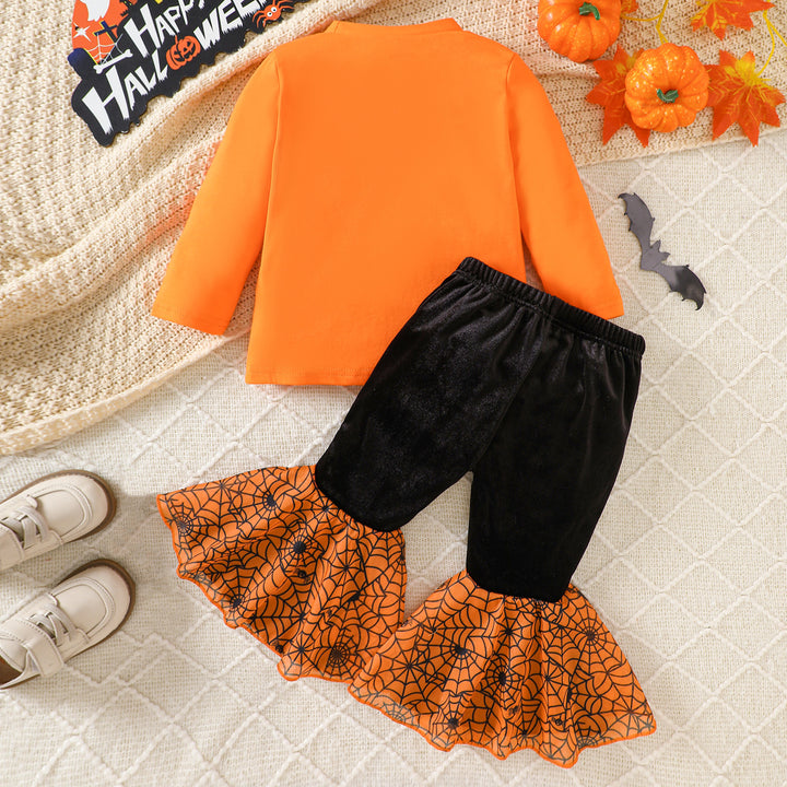 Halloween Cute Pumpkin Embroidered Flared Pants Suit