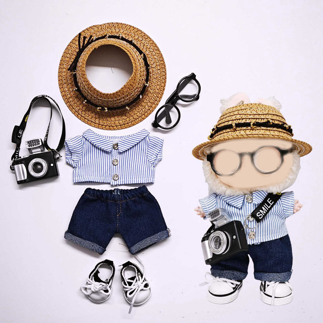 Labubu Striped shirt&denim pant straw hat 6pcs set