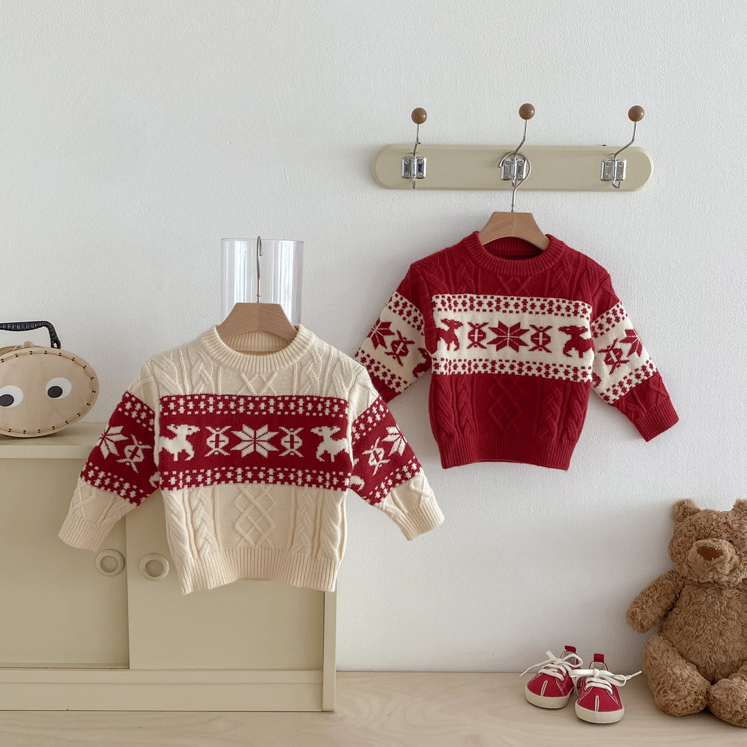 Christmas Retro Snowflake Elk Knit Pullover Sweater For Boys and Girls