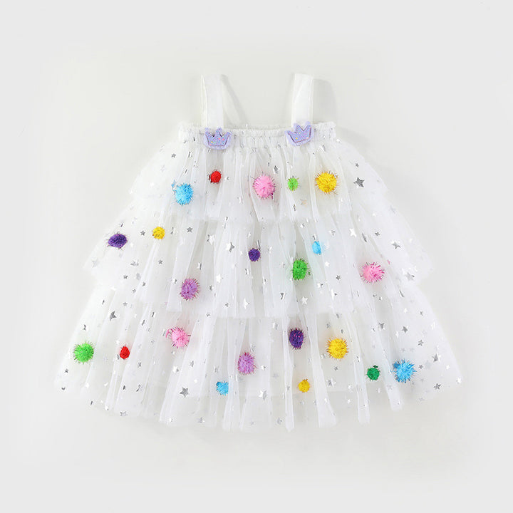 Colorful POM-POMS Glitter Stars mesh cake dress