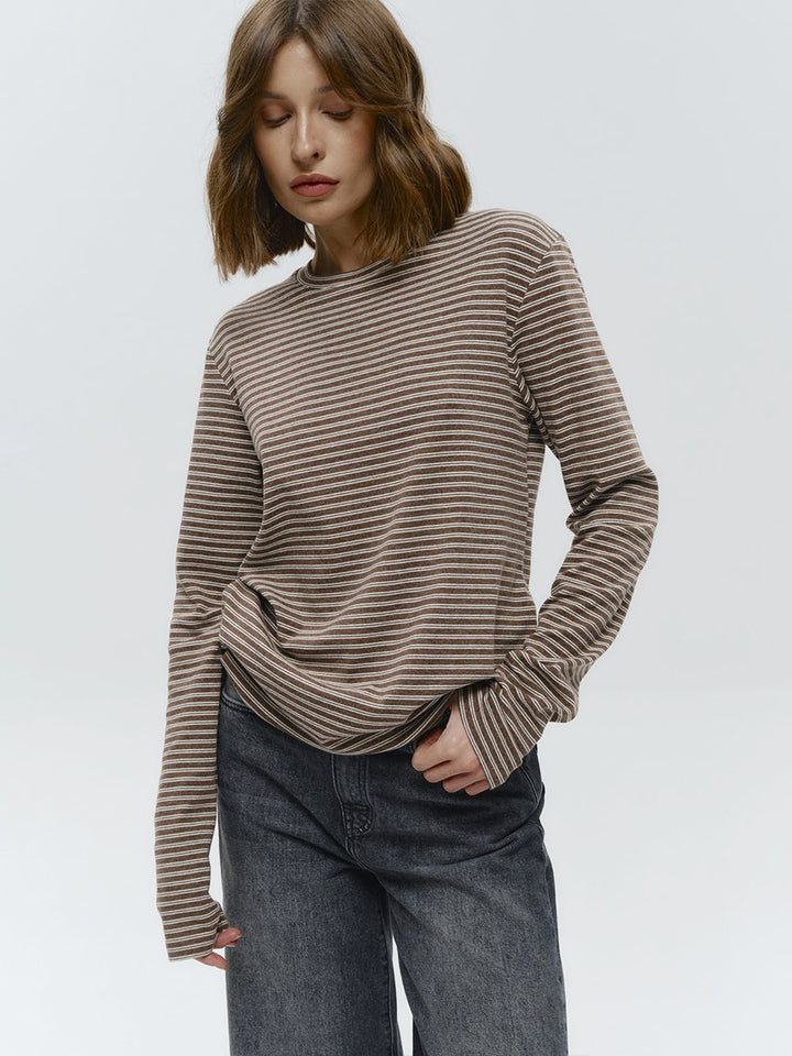 Striped slim round neck cotton bottoming shirt for women