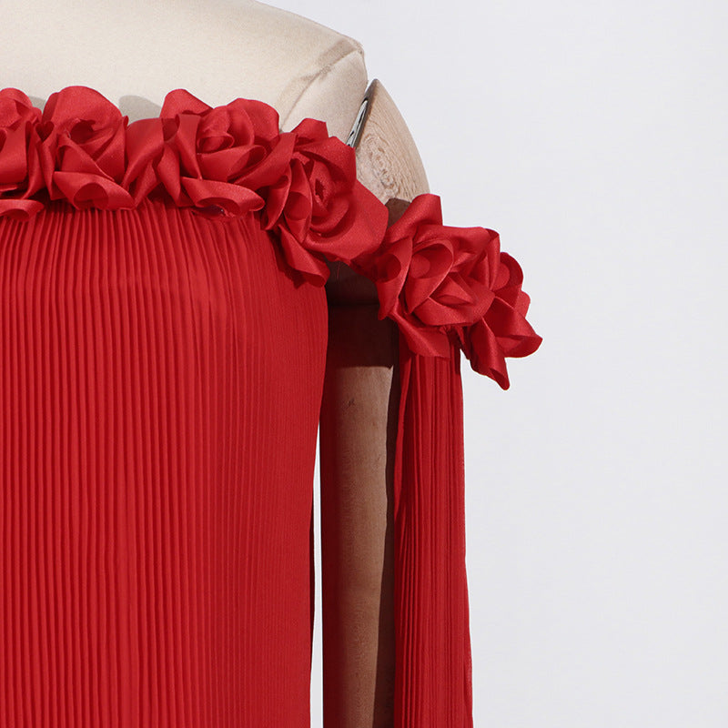 Off Shoulder Rosette Detail Maxi Draped Gown dress