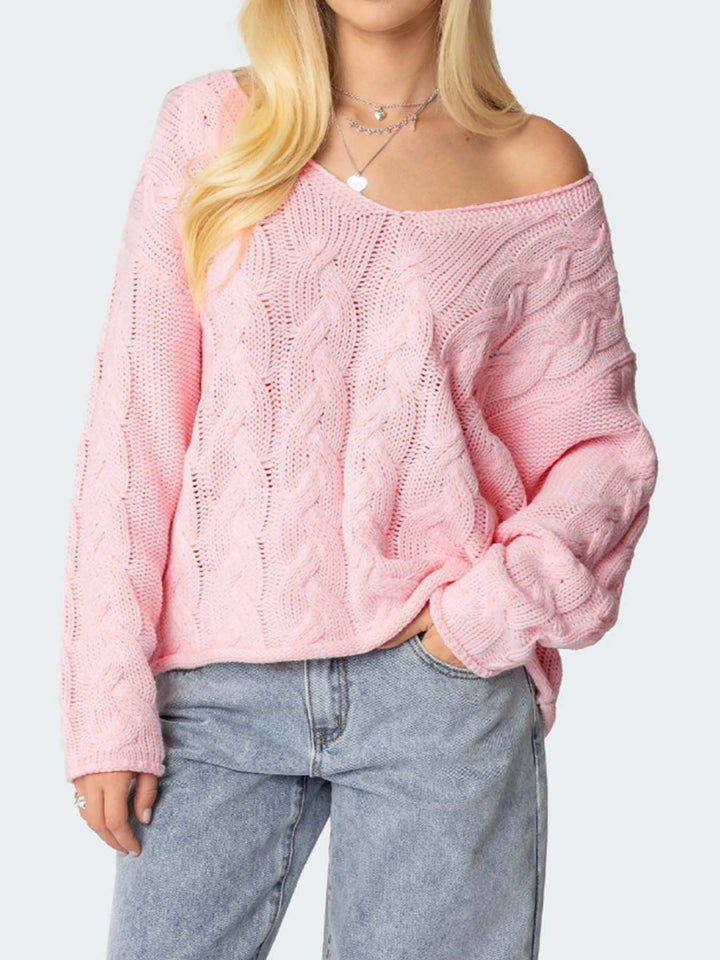 Pink loose V-neck cable knit pullover sweater