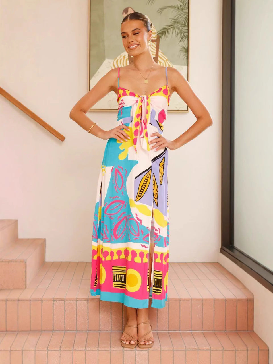 Holiday Style Printed Bow Tie Slit Dress