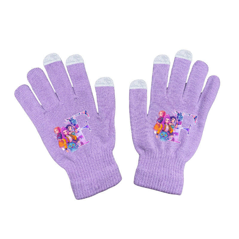 KPOP demon hunters Initials knitted purple gloves