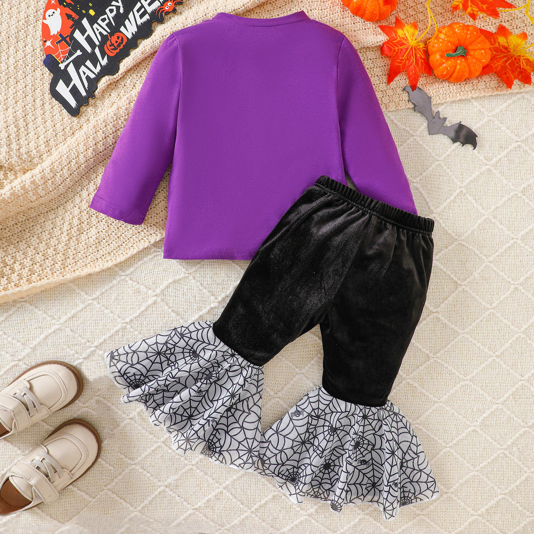 Halloween Cute Pumpkin Embroidered Flared Pants Suit