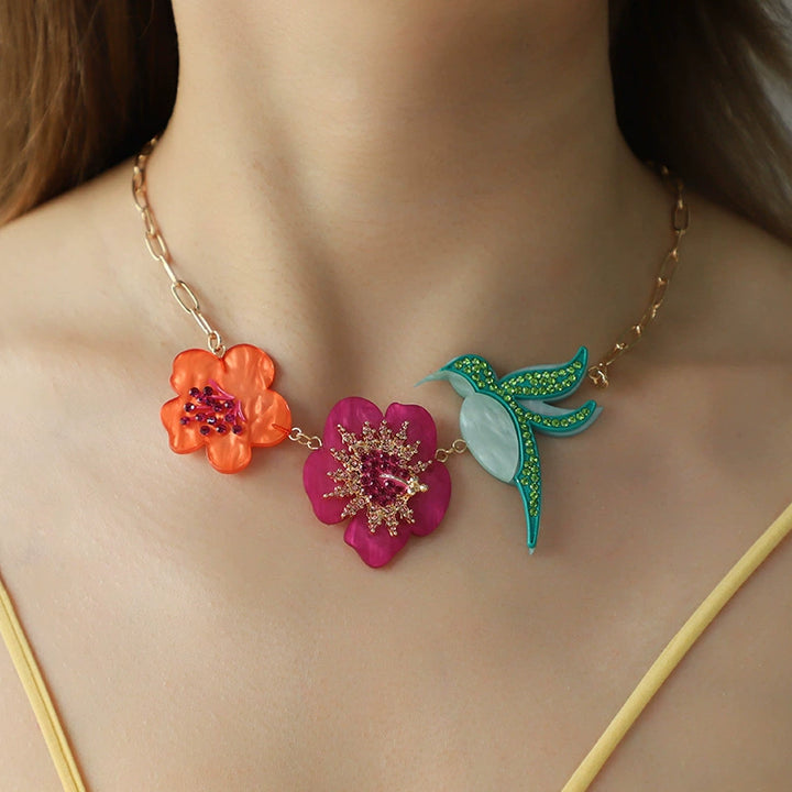 Spring &Summer Acrylic Flower Bird Diamond Necklace
