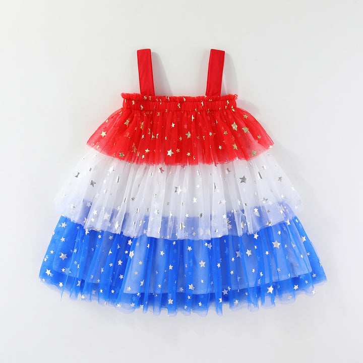 Girls'Glitter Stars Red White Blue mesh dress for 4th of July