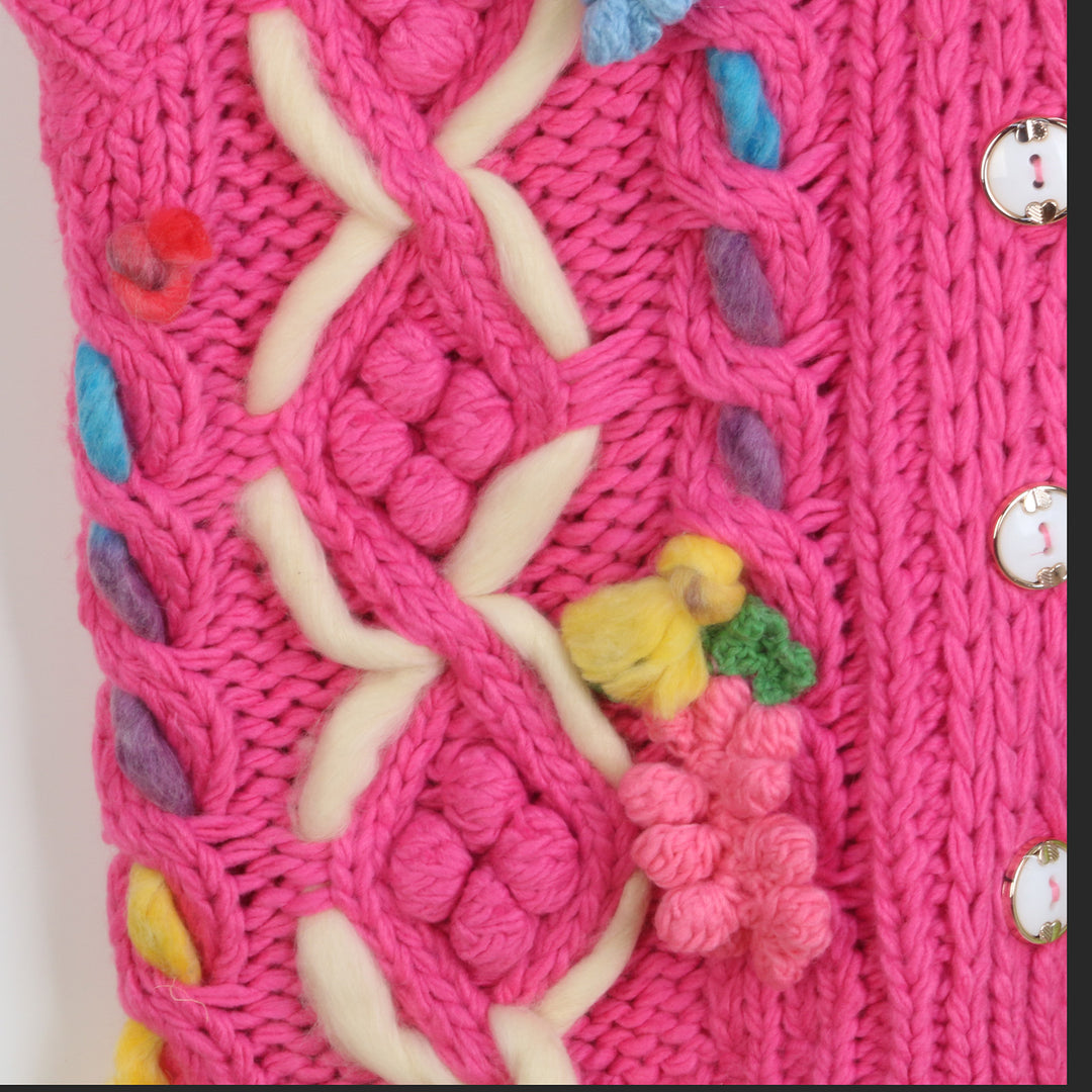 3D flower grape hot pink knitted vest cardigan