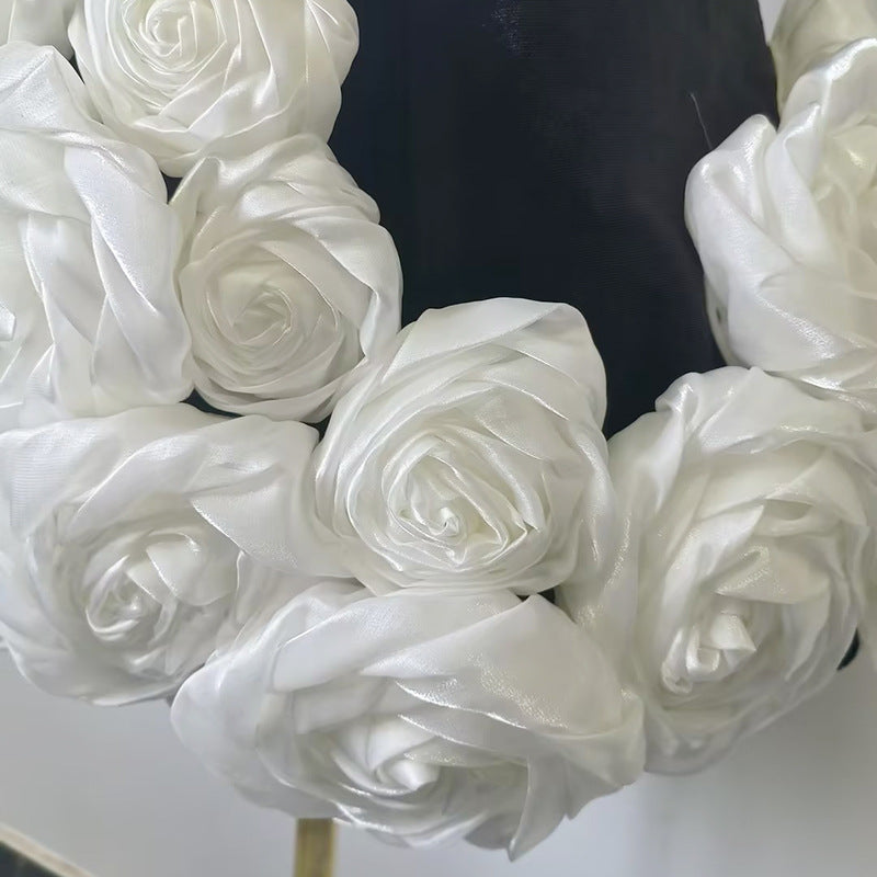 3D white rose flower hem tube top dress