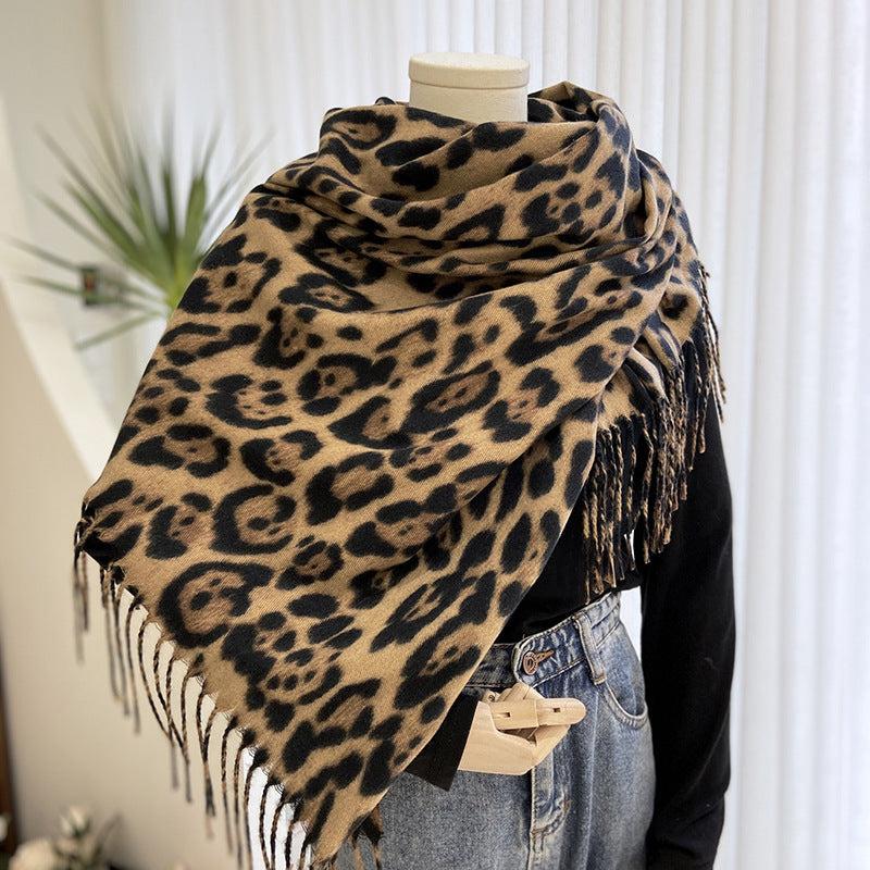 Leopard print warm windproof tassel scarf for women