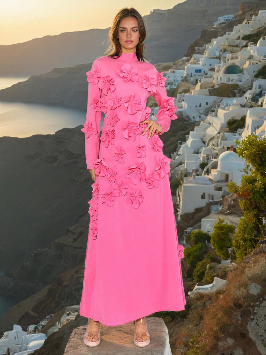 Pink Flower embellished Maxi dress 3D flower collage dress