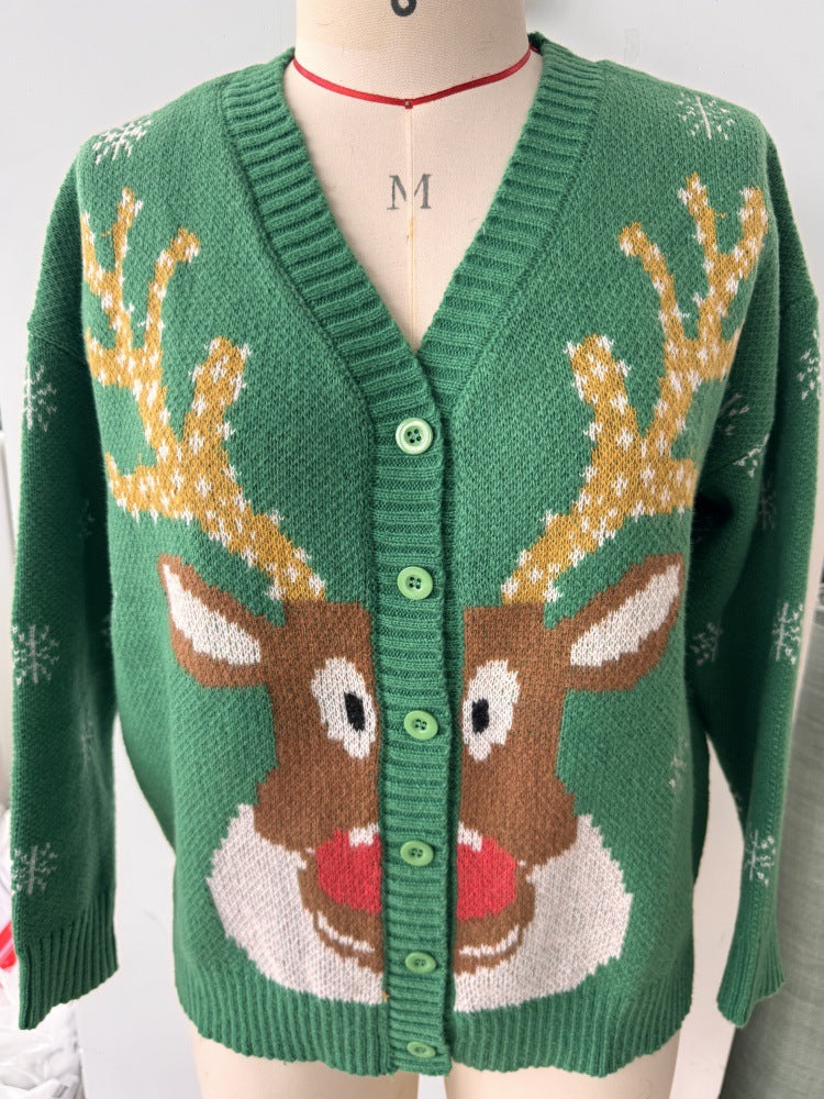 Christmas elk jacquard knitted sweater women's cardigan