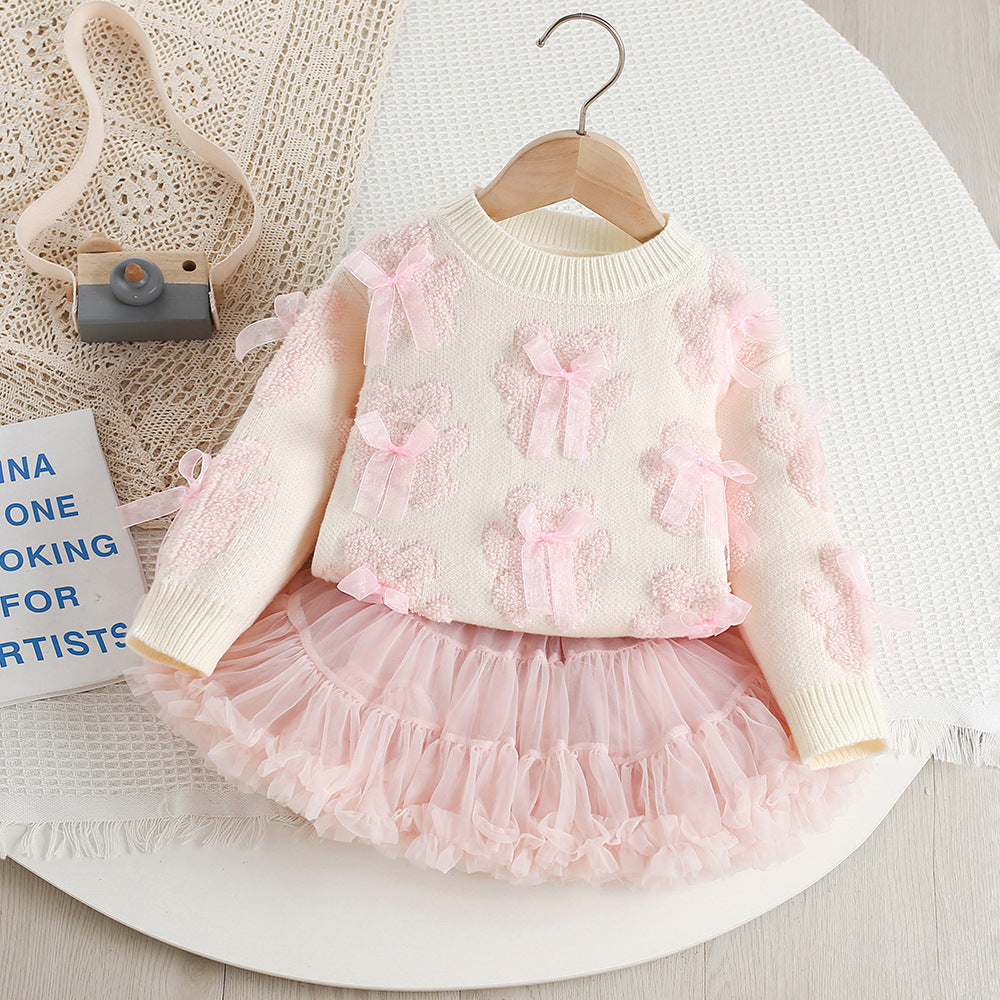 Valentine's sweet bear Jacquard sweater&tutu skirt 2pcs set