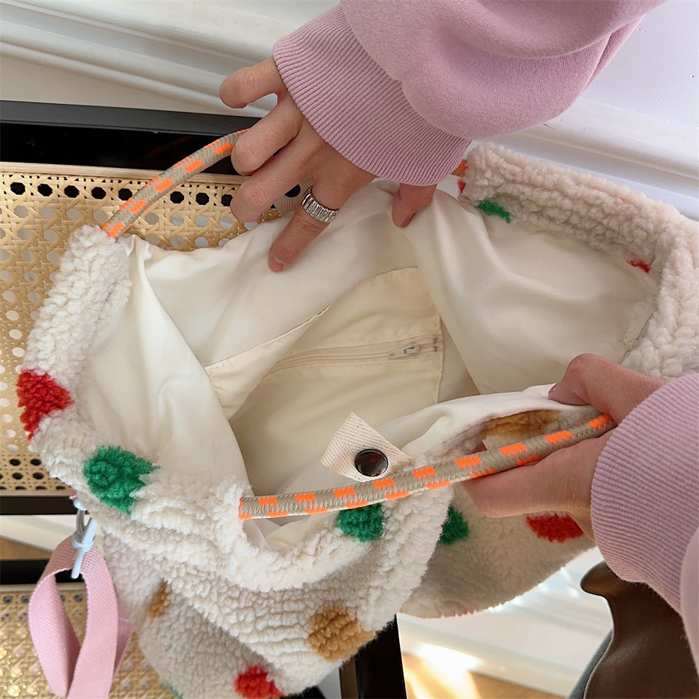 Striped plush large capacity shoulder tote bag