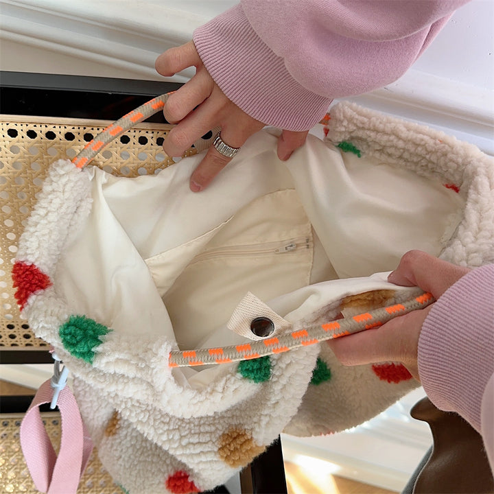 Striped plush large capacity shoulder tote bag