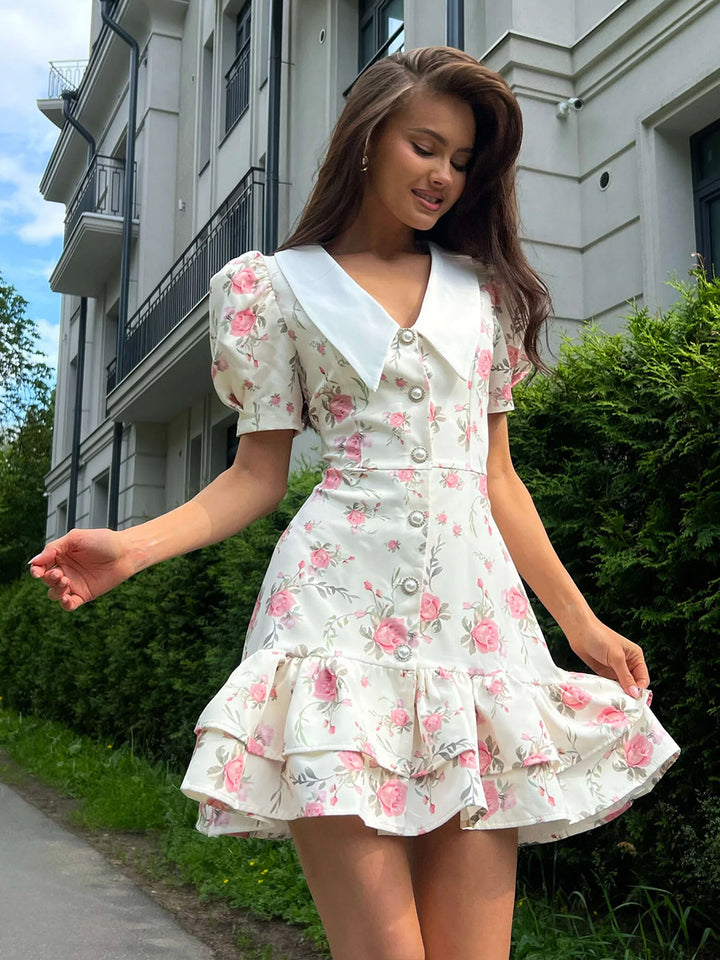 French v-neck puff sleeve floral ruffle dress
