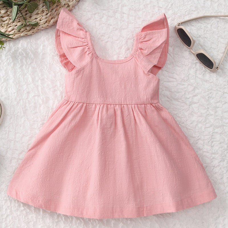 Girls summer cotton and linen button ruffle dress