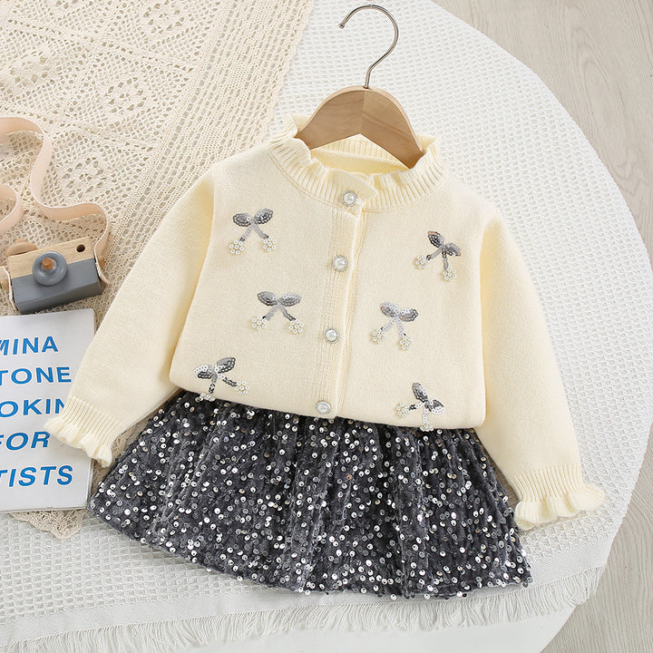 Sequin embroidery bow knitted cardigan sweater&skirt 2pcs set
