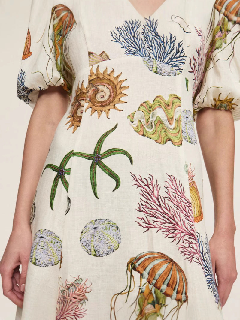 Deep Sea Dreaming Lantern Sleeve Round Neck Linen Dress