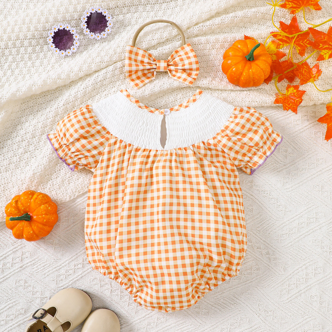 Halloween BOO Pumpkin Embroidery orange smocked Romper