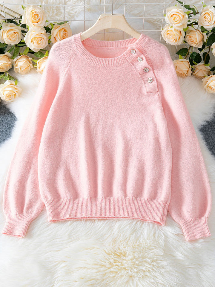 Pink raglan sleeve diamond button sweater for women