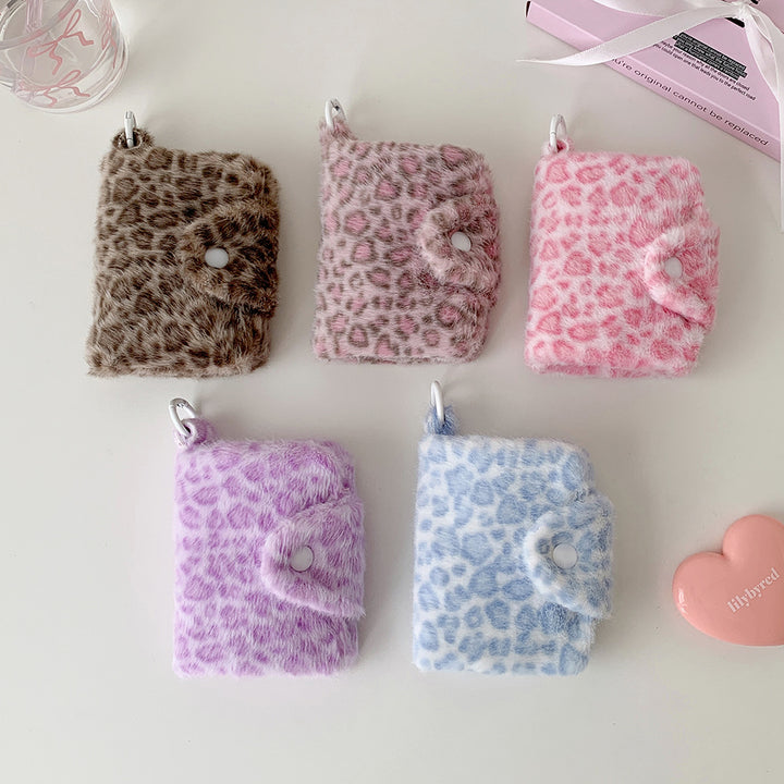Fluffy leopard small wallet with snap closure for girls