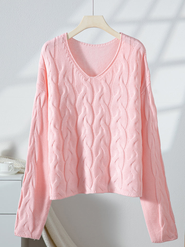 Pink loose V-neck cable knit pullover sweater