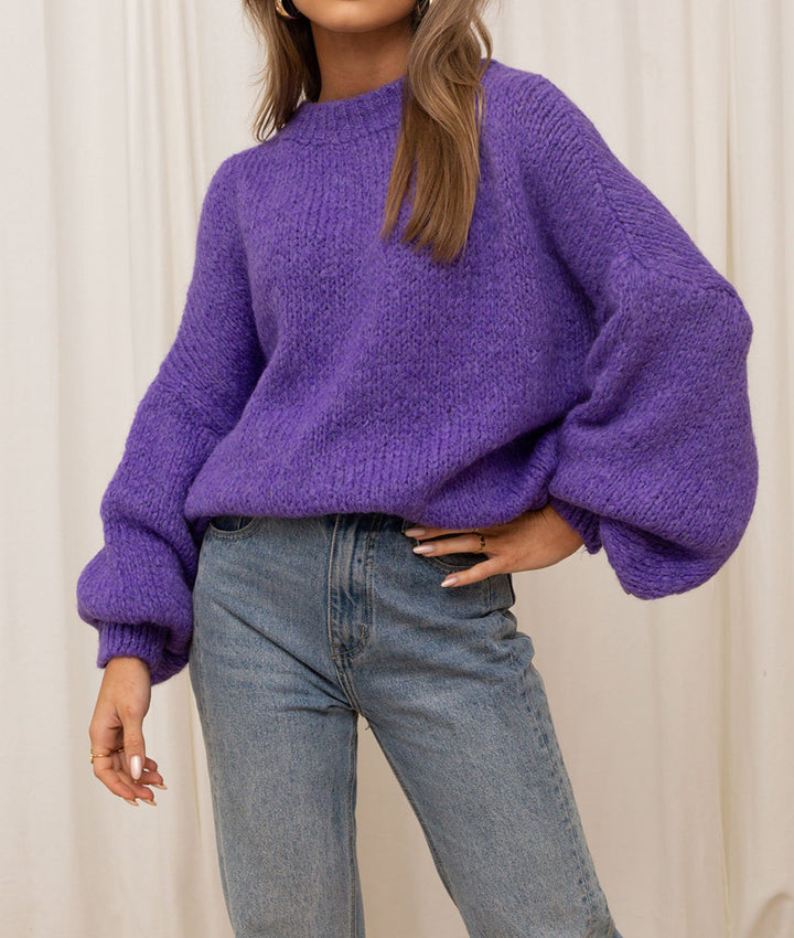 Solid color round neck Chunky Knit Sweater for women