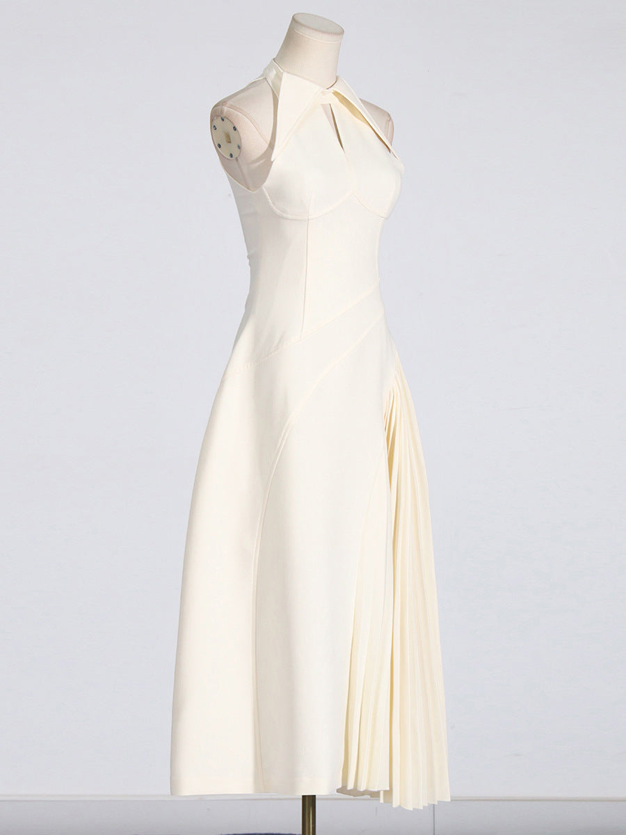 Lapel hollow sleeveless waist pleated dress