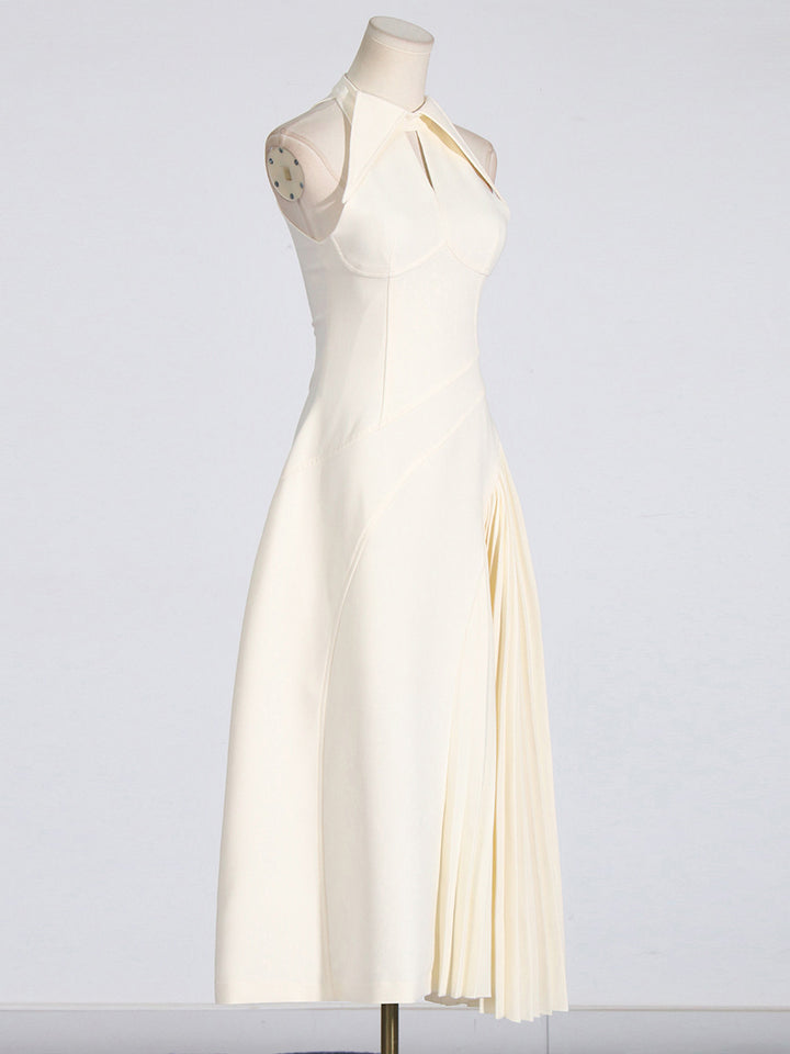 Lapel hollow sleeveless waist pleated dress