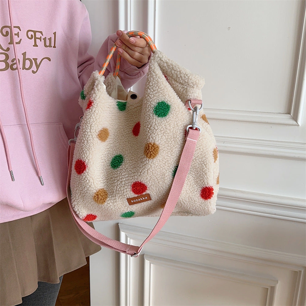 Striped plush large capacity shoulder tote bag