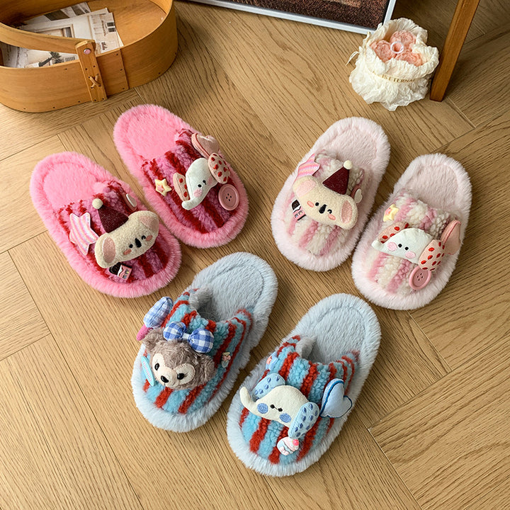 Cute bear plush home slippers furry girls Christmas slippers